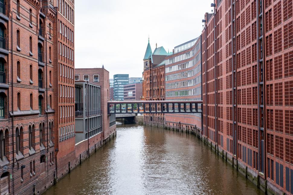 Free Stock Photo Of Red Brick Buildings Alongside A Canal In Hamburg