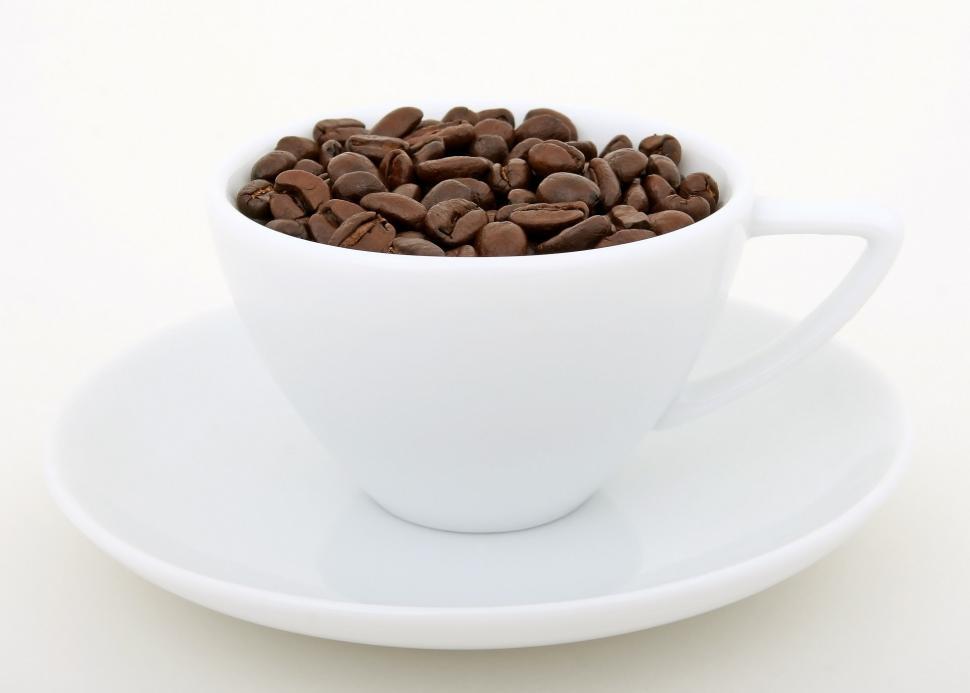 Free Stock Photo Of White Cup Filled With Coffee Beans On Saucer