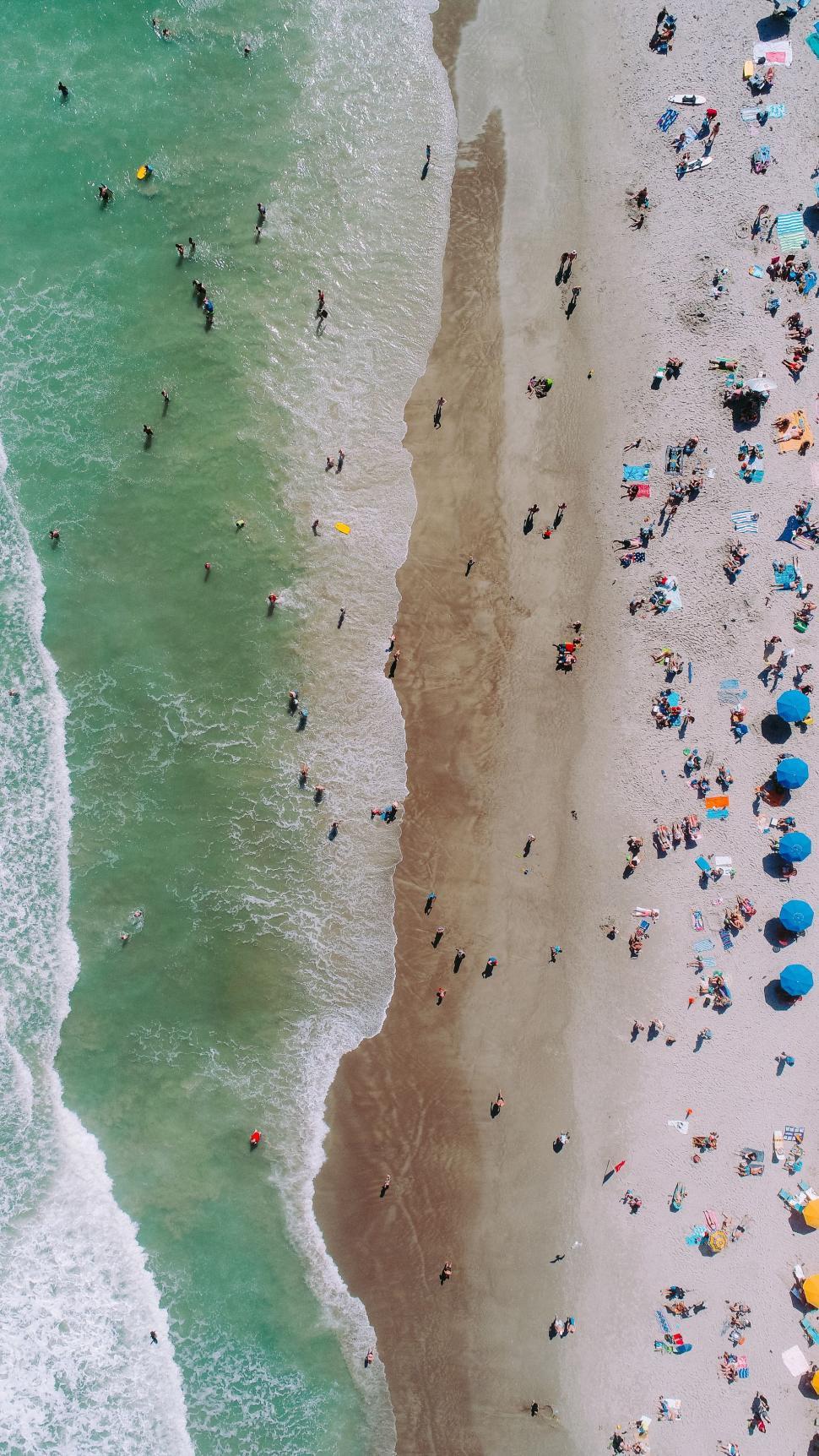 Free Image of Group of People Standing on Top of a Beach by the Ocean 