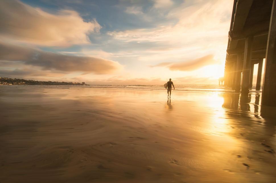 Free Image of Person Walking on Beach at Sunset 