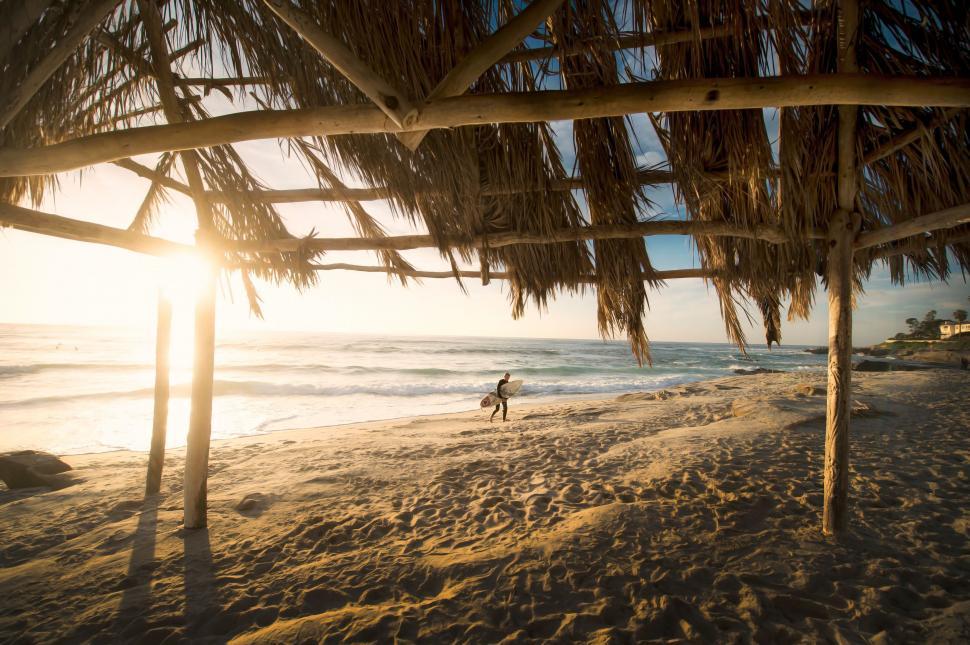 Free Image of Person Walking on Beach Under Thatched Roof 