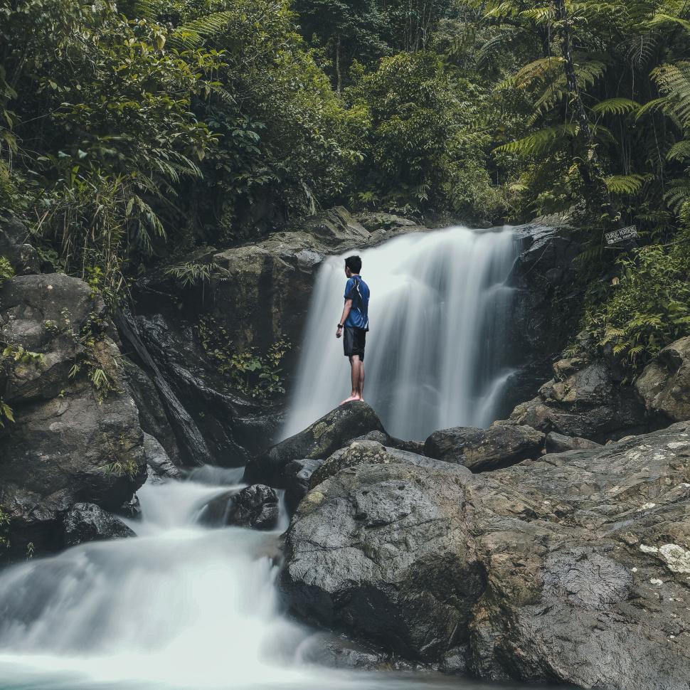 Free Image of Man Standing on Rock in Front of Waterfall 
