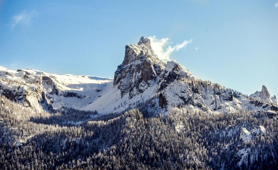 Free Image of Snow Covered Mountain With Trees Under Blue Sky 