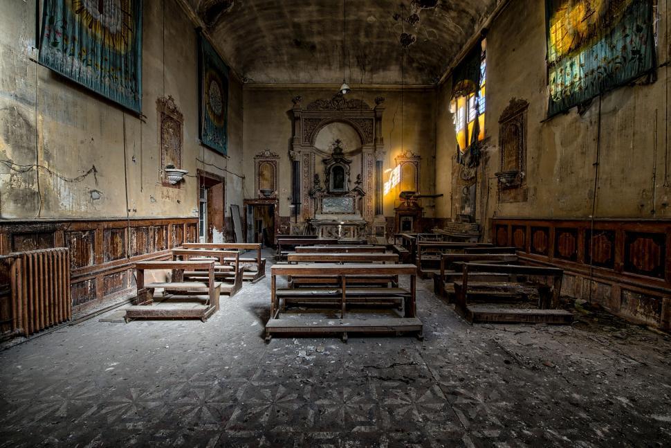Free Image of Old Church With Wooden Pews and Stained Glass Windows 