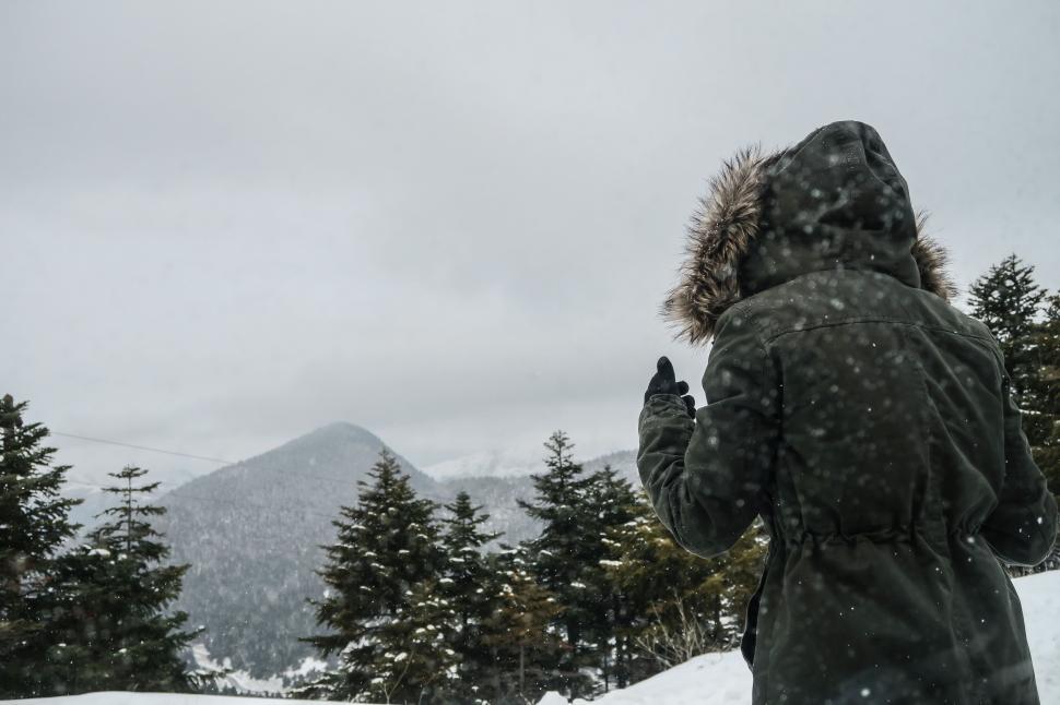 Free Image of Person Standing in Snow in Front of Trees 
