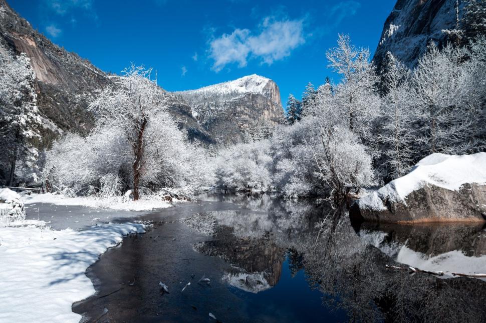 Free Stock Photo of Snow-Covered Mountains Surrounding River Under Blue ...