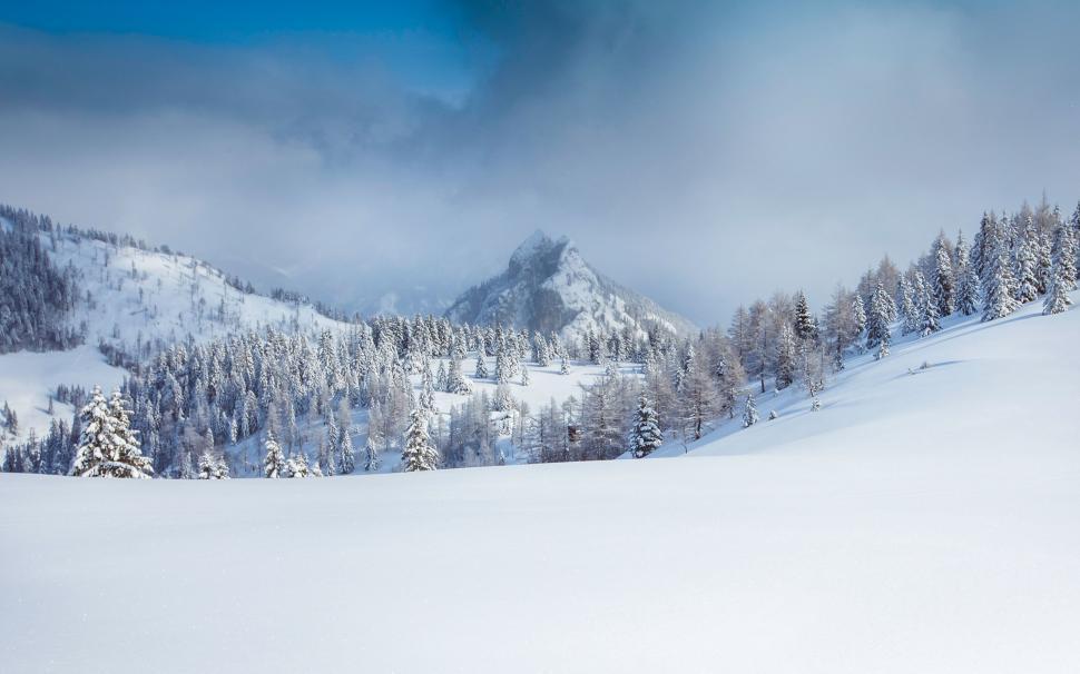 Free Image of Snow Covered Mountain With Trees and Clouds 