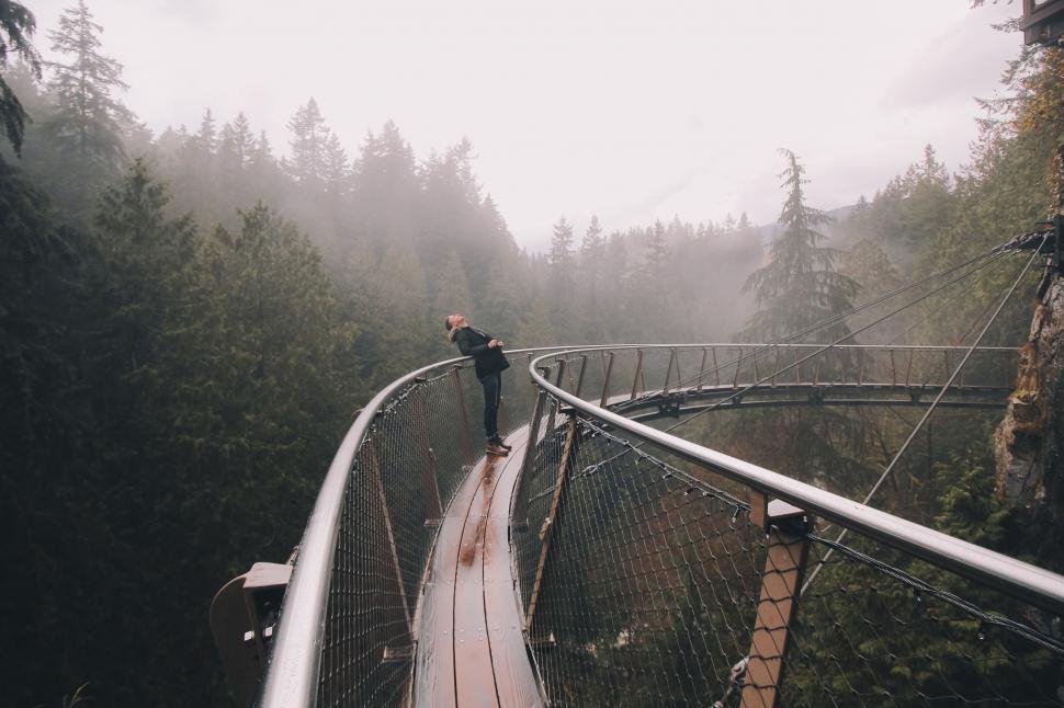 Free Image of Person Walking Across Suspension Bridge in Woods 
