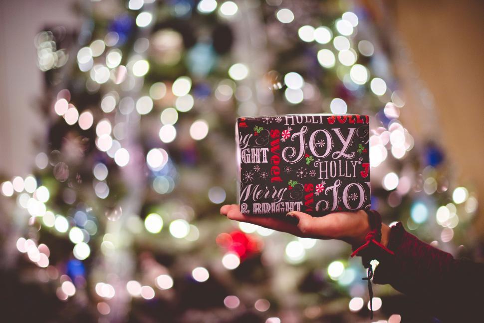 Free Image of Person Holding Christmas Present in Front of Christmas Tree 