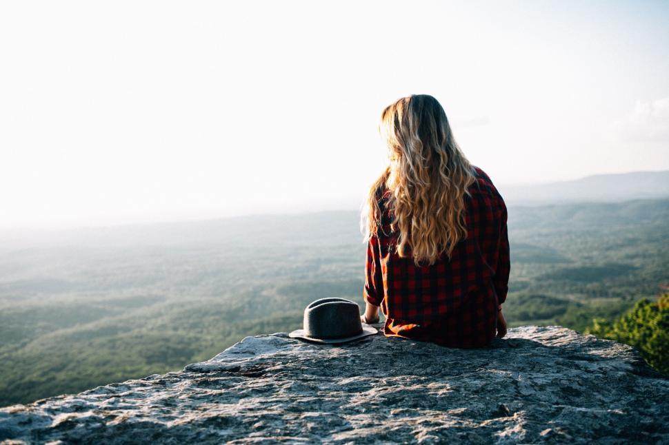Free Image of Woman Sitting on Top of a Rock With a Hat 