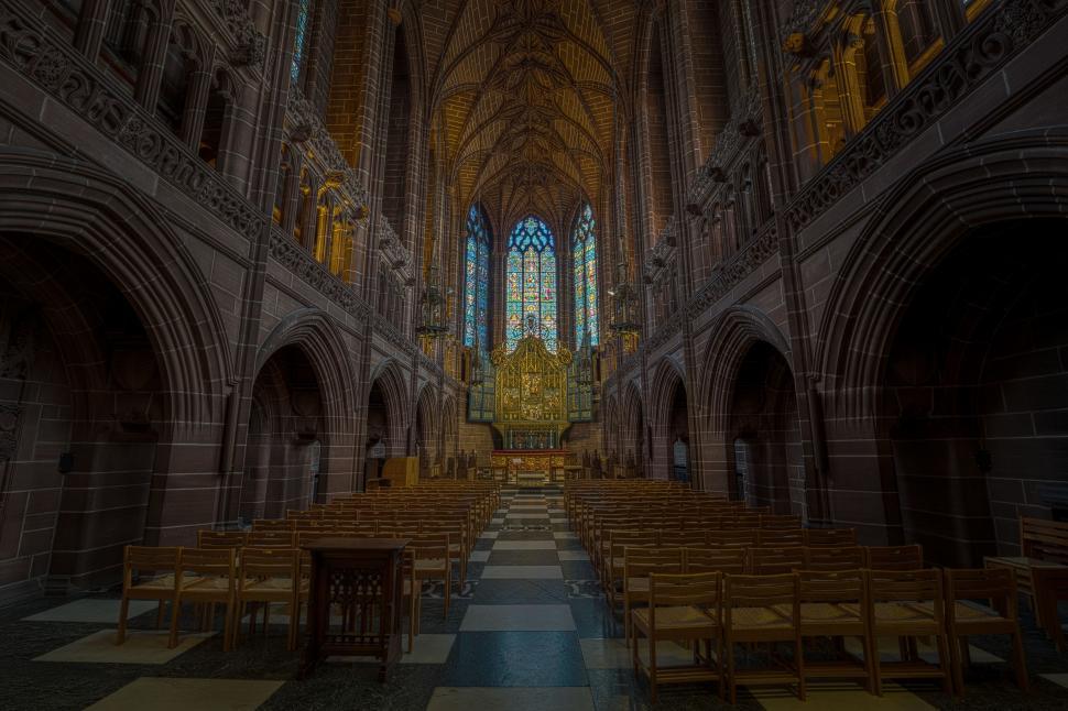 Free Image of Large Cathedral With Pews and Checkered Floor 