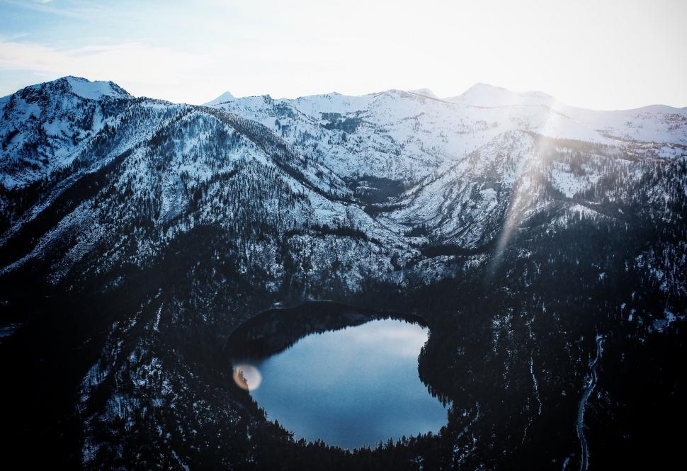 Free Image of Snow-Covered Mountains Surrounding Lake Under Blue Sky 