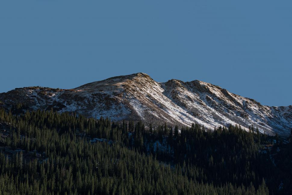 Free Image of Snow Covered Mountain With Trees and Clear Blue Sky 