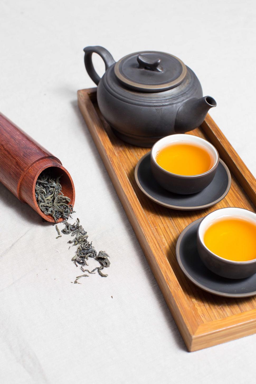 Free Image of Tea Tray With Two Cups of Tea and Teapot 