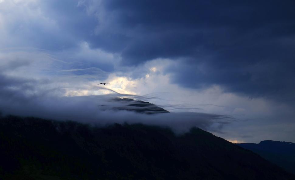 Free Image of Bird Flying Through Cloudy Sky Over Mountain 