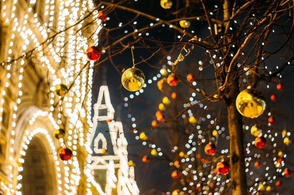 Free Image of Lighted Christmas Tree in Front of Church 