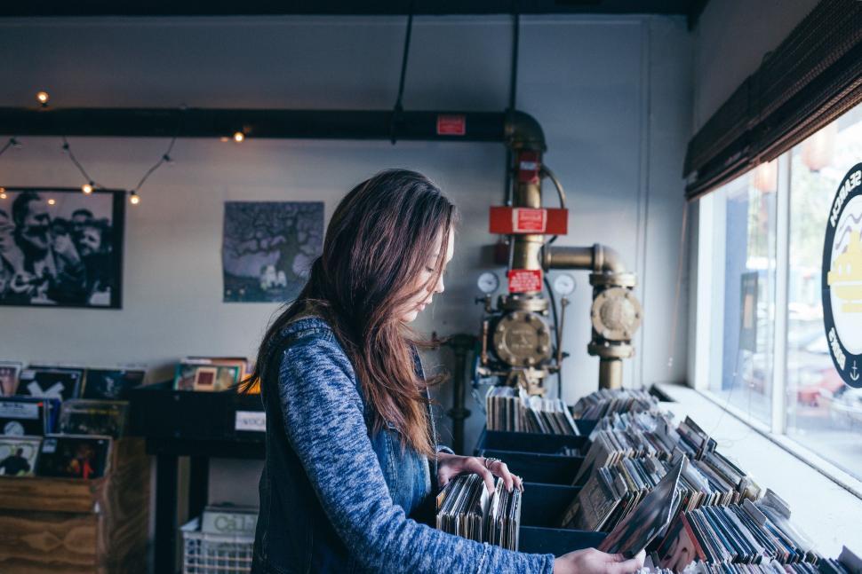 Free Stock Photo of Woman Looking Out Window at Record Store | Download ...