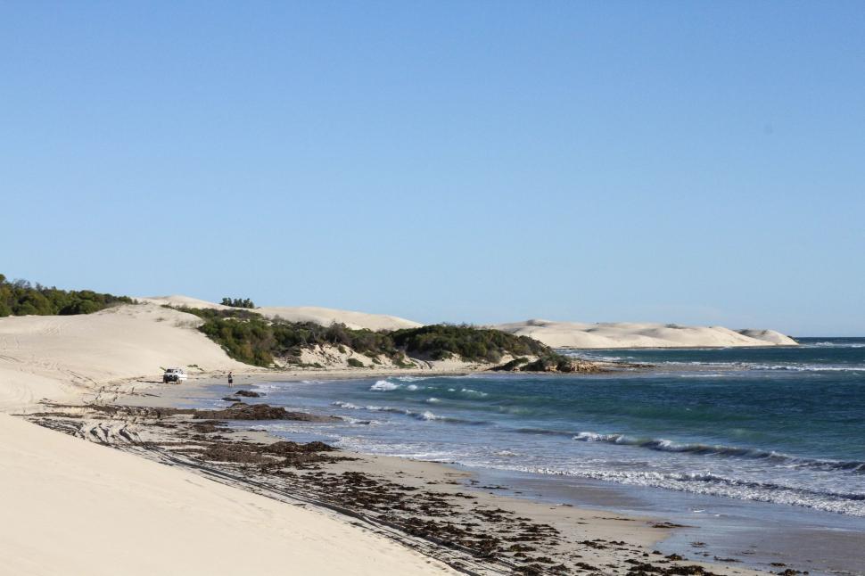 Free Image of Sandy Beach Next to Ocean Under Blue Sky 