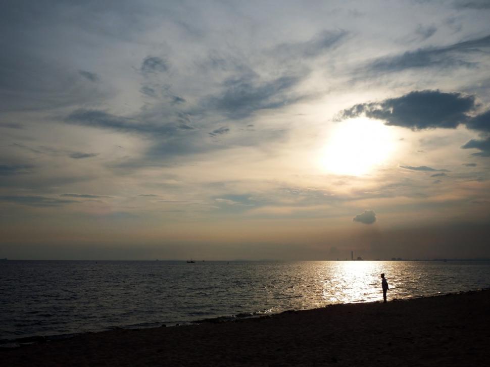 Free Image of Man silhouetted in sunset sky on a beach next to the ocean  