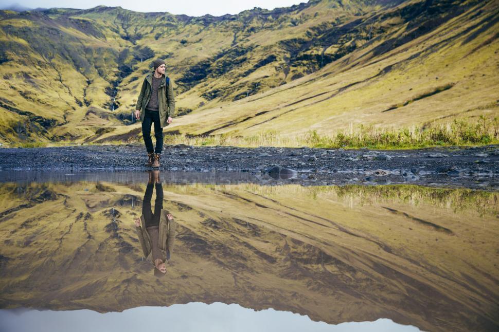 Free Image of Hiker s reflection in the lake 