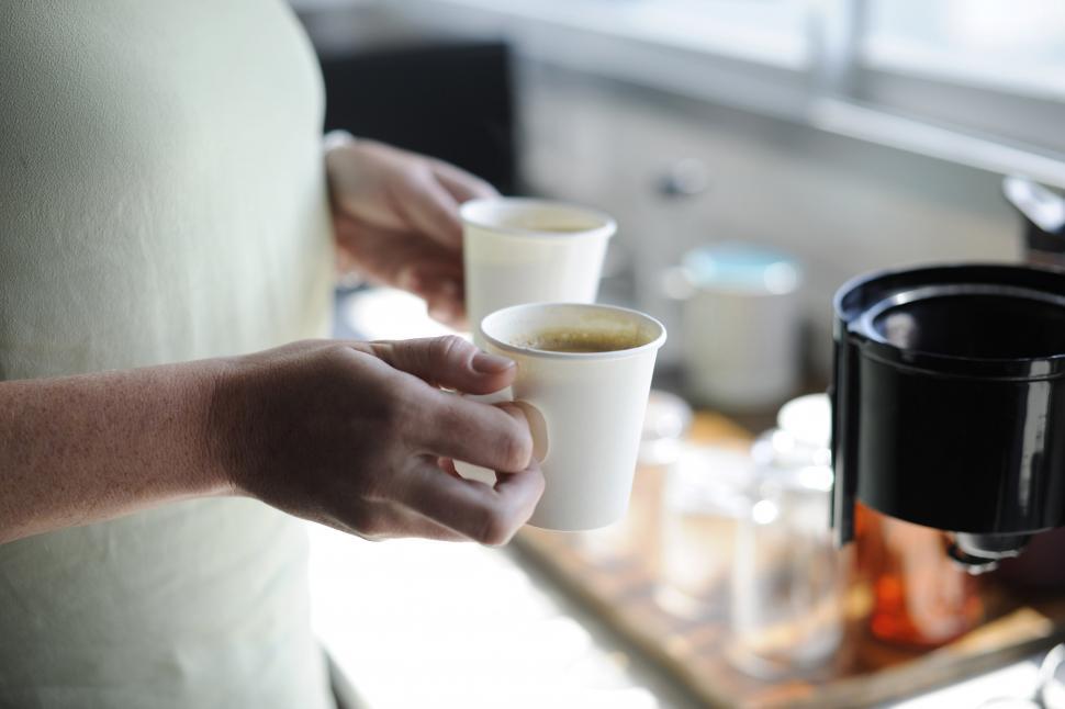 Espresso Machine Pouring Coffee Cups Blurred Background Closeup