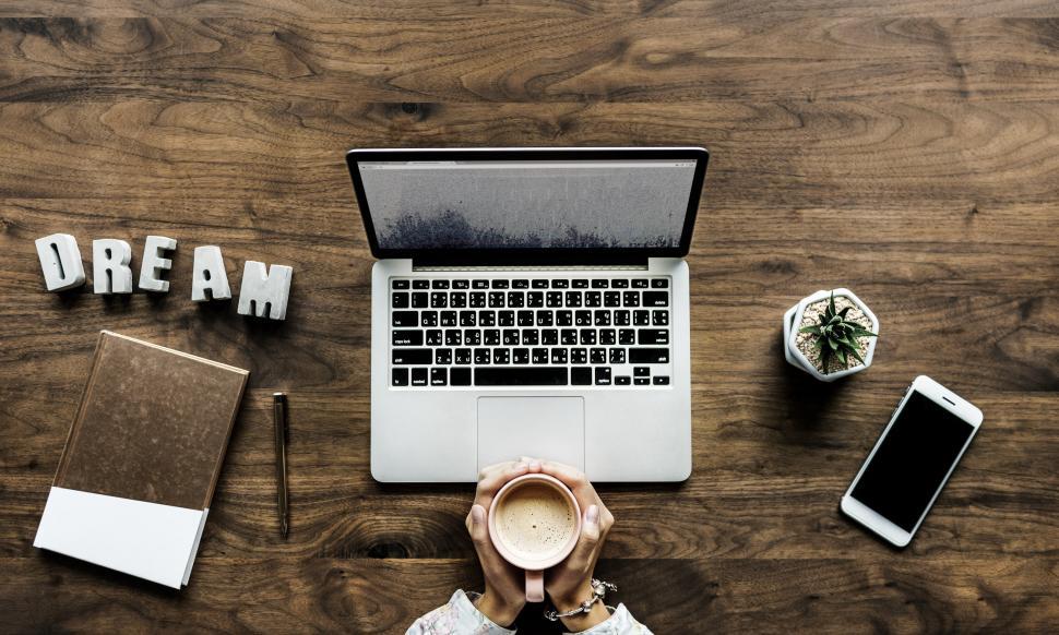 Free Stock Photo of Flat lay of a laptop and hands holding a coffee mug |  Download Free Images and Free Illustrations