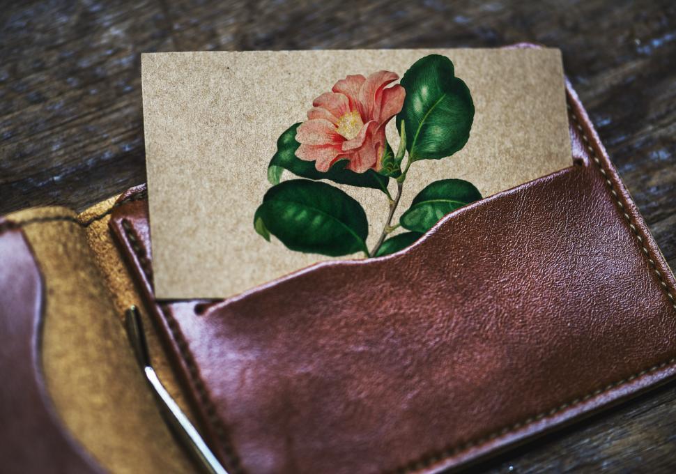 Free Image of Close up of a flower in a picture half inserted in a wallet pock 