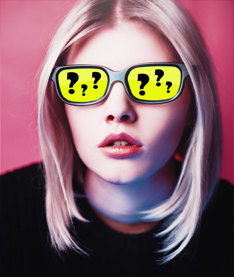 Free Stock Photo of Questions and Doubts Girl with Yellow Glasses