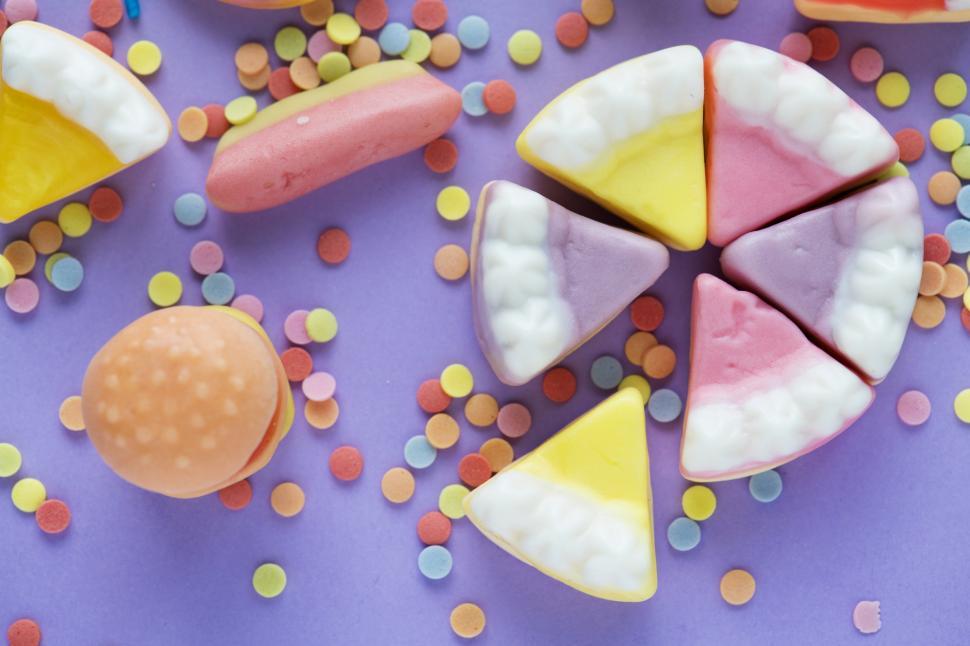 Free Image of Flat lay of cake and burger shaped candies 