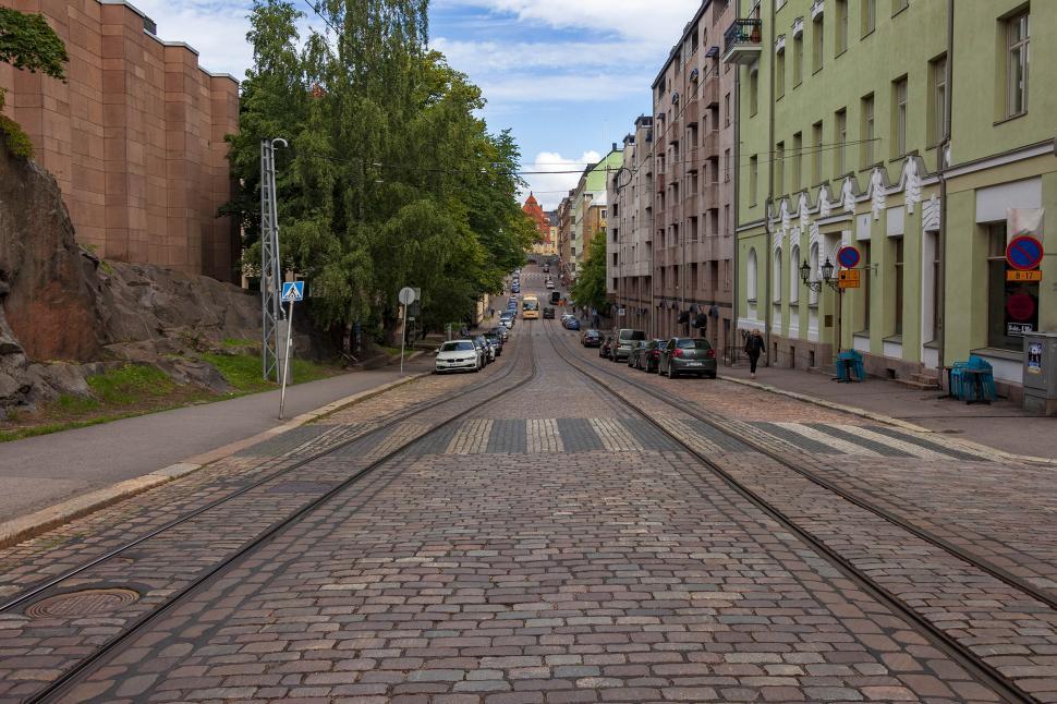 Helsinki street showing tracks and crosswalk