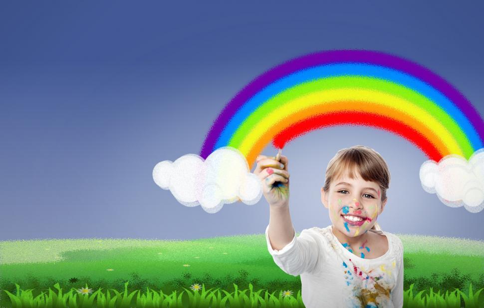 Free Image of Girl Painting Rainbow - With Copyspace - Happiness - Creativity  