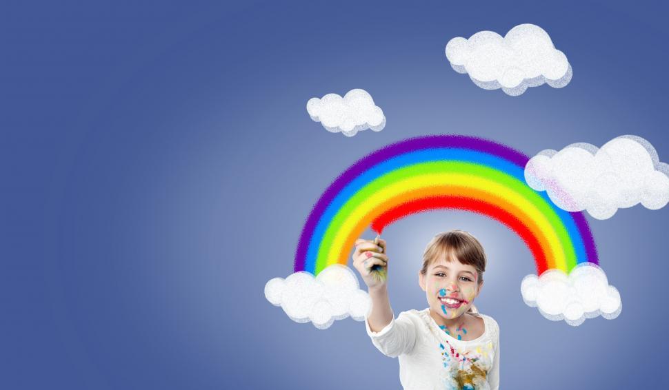 Free Image of Girl Painting Rainbow - With Copyspace - Happiness - Joy - Creat 