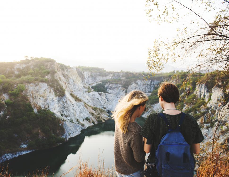 Free Image of Two young Caucasian women hikers in mountains 