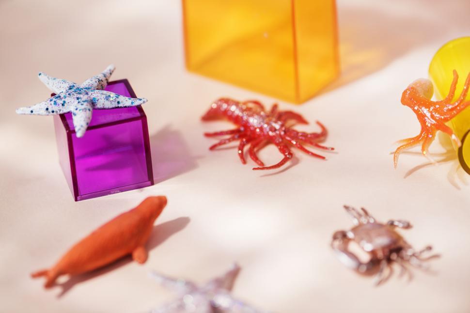 Free Image of Close up of colorful toy sea animals 