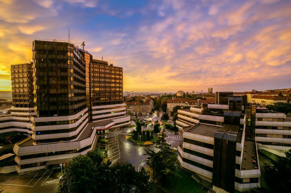 Free Image of Aerial View of a City at Sunset 