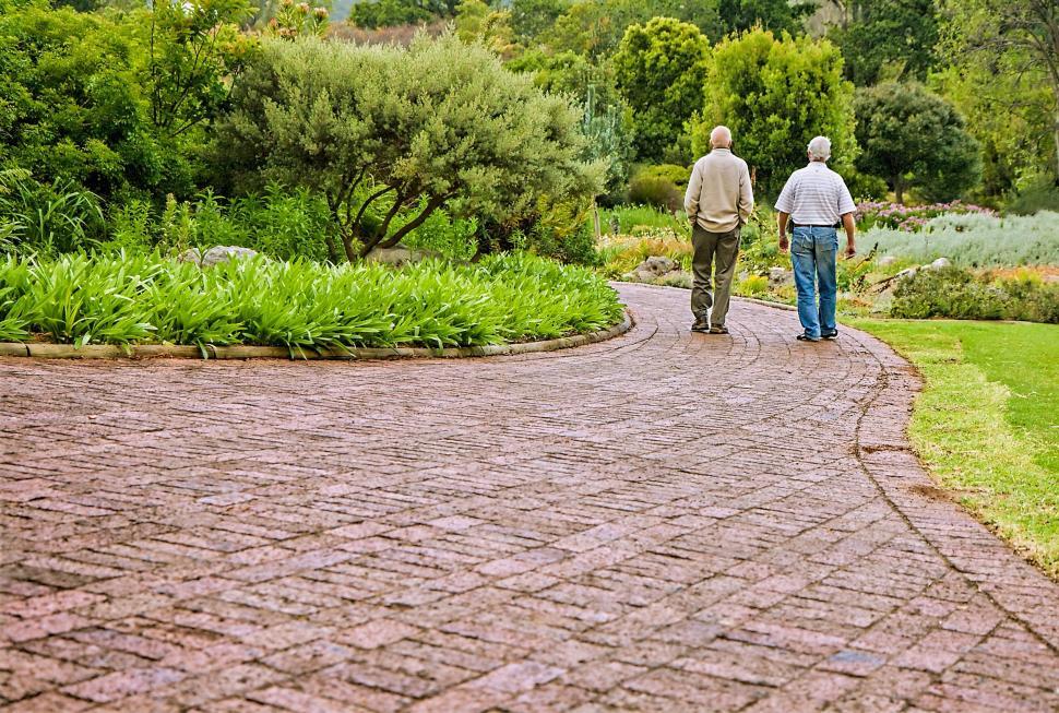 Free Image of Two Men Walking Down a Brick Road 