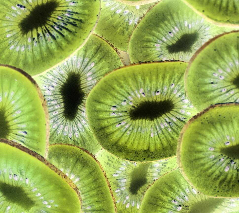 flat lay of organic kiwi fruit on green and pink Stock Photo by  LightFieldStudios