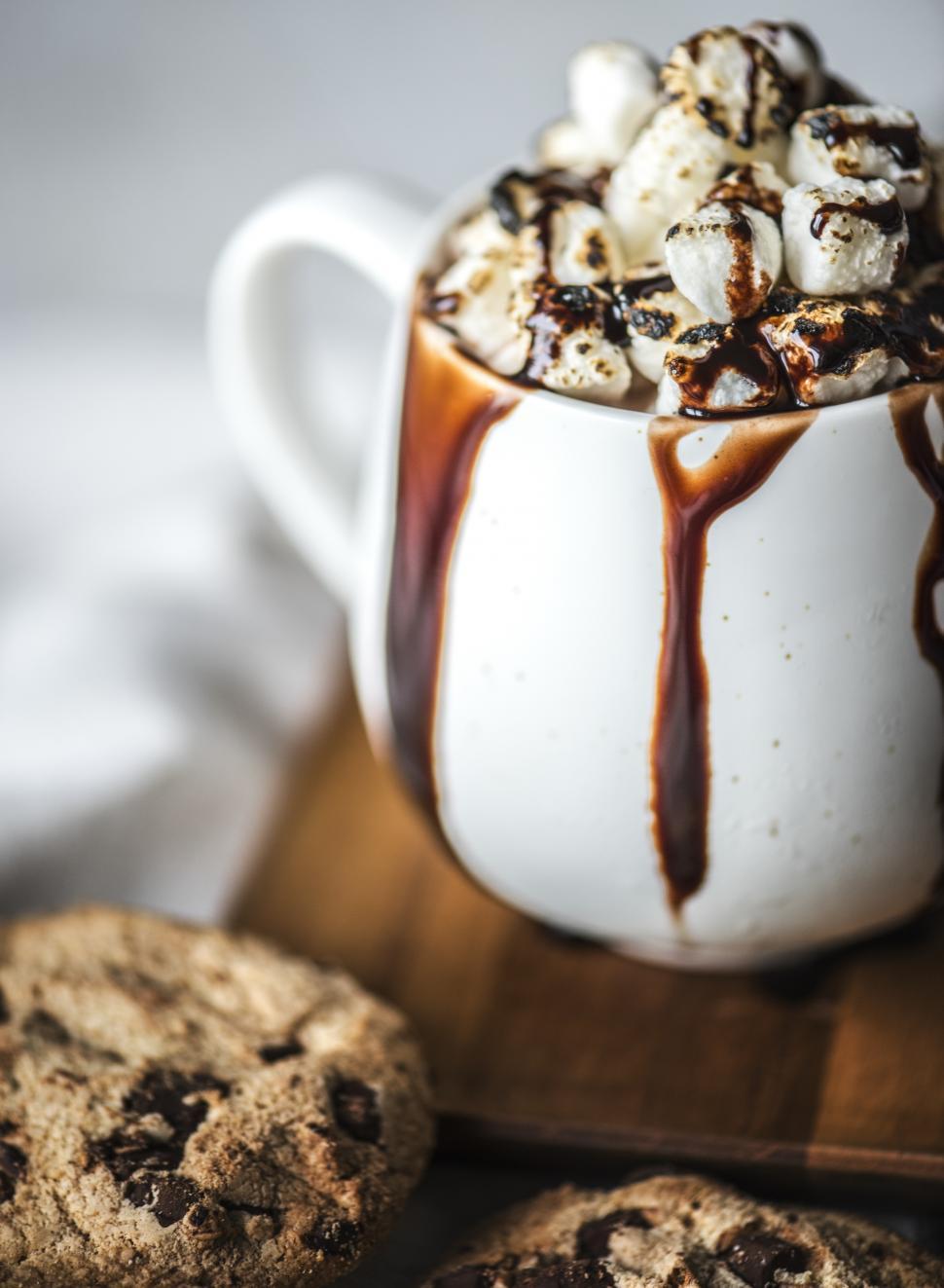 Free Stock Photo of Hot chocolate with marshmallows overflowing mug
