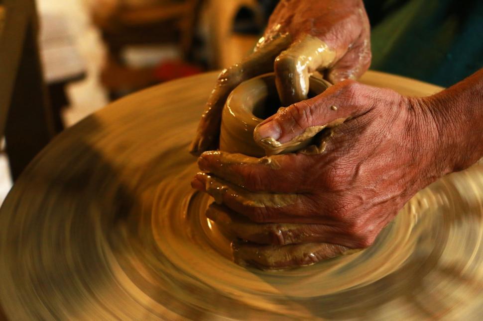 Man Making Pottery Art, Clay Work Close Up Hands Shot Stock Photo