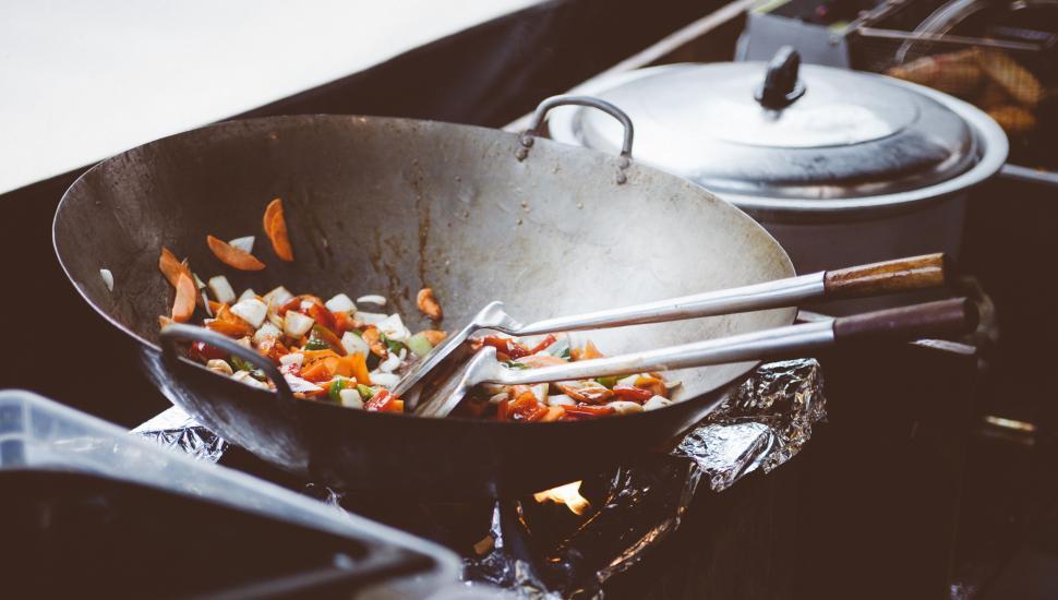 Cooking Food In Large Frying Pan Free Stock Photo - Public Domain