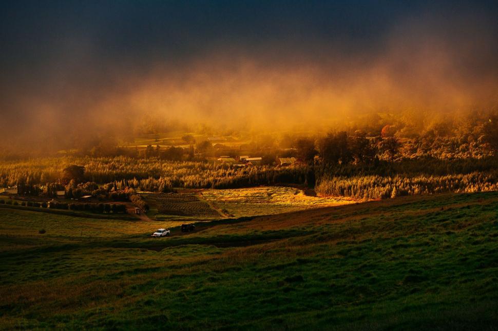 Free Image of Countryside in Fog with sunset  