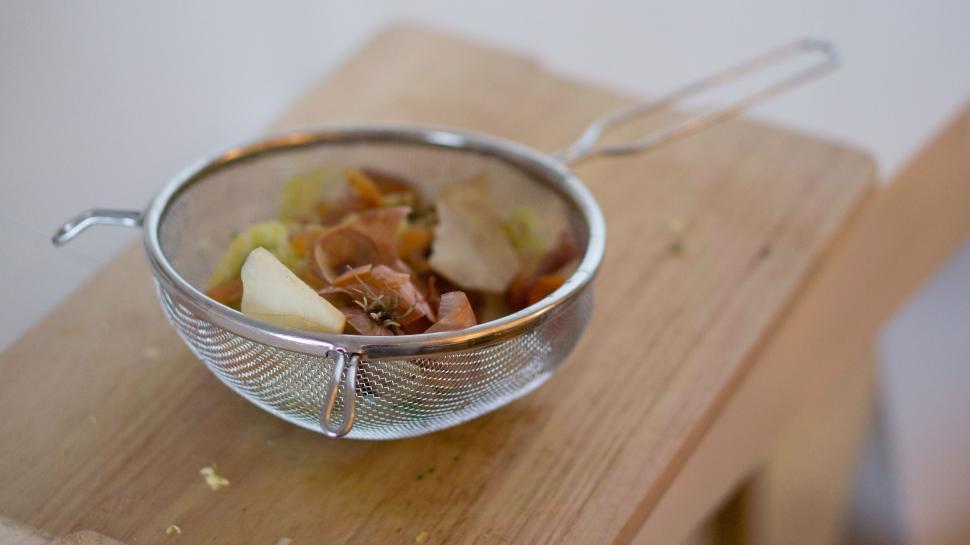 Free Stock Photo of Sliced Vegetables in Colander with handle