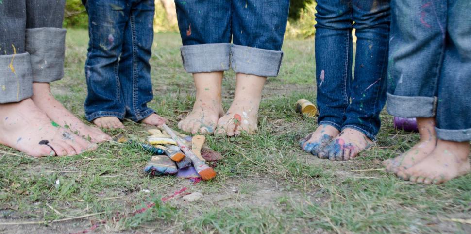 Free Stock Photo Of Paint Brushes And Pairs Of Bare Feet Download