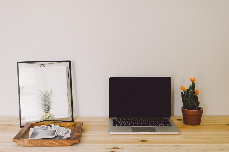 Free Image of Laptop and Flowerpot on wooden table  