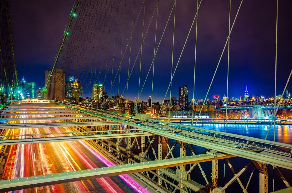 Free Image of Night Lights of Bridge with City Skyscrapers  