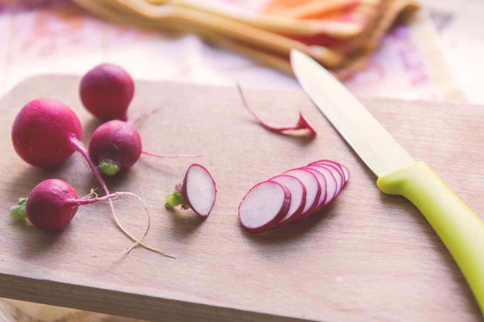 Premium Photo  Watercress salad radish knife on wooden board