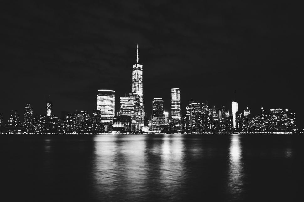 Black And White Manhattan Waterfront At Night Nyc Stock Photo