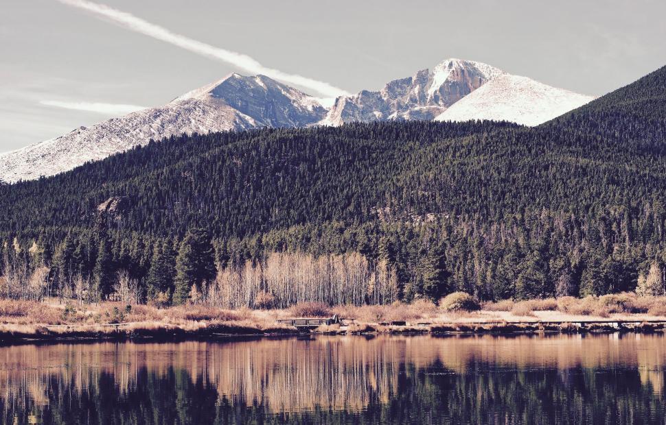 Free Image of Fir Trees and Lake with Snow Mountains  
