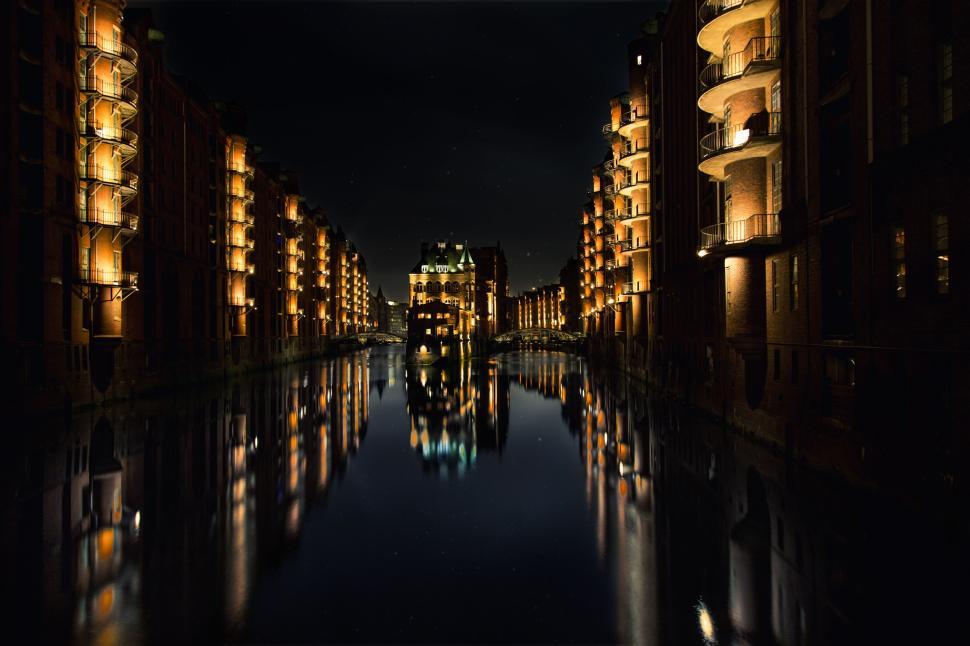 Free Image of Night View of Lake and Buildings  