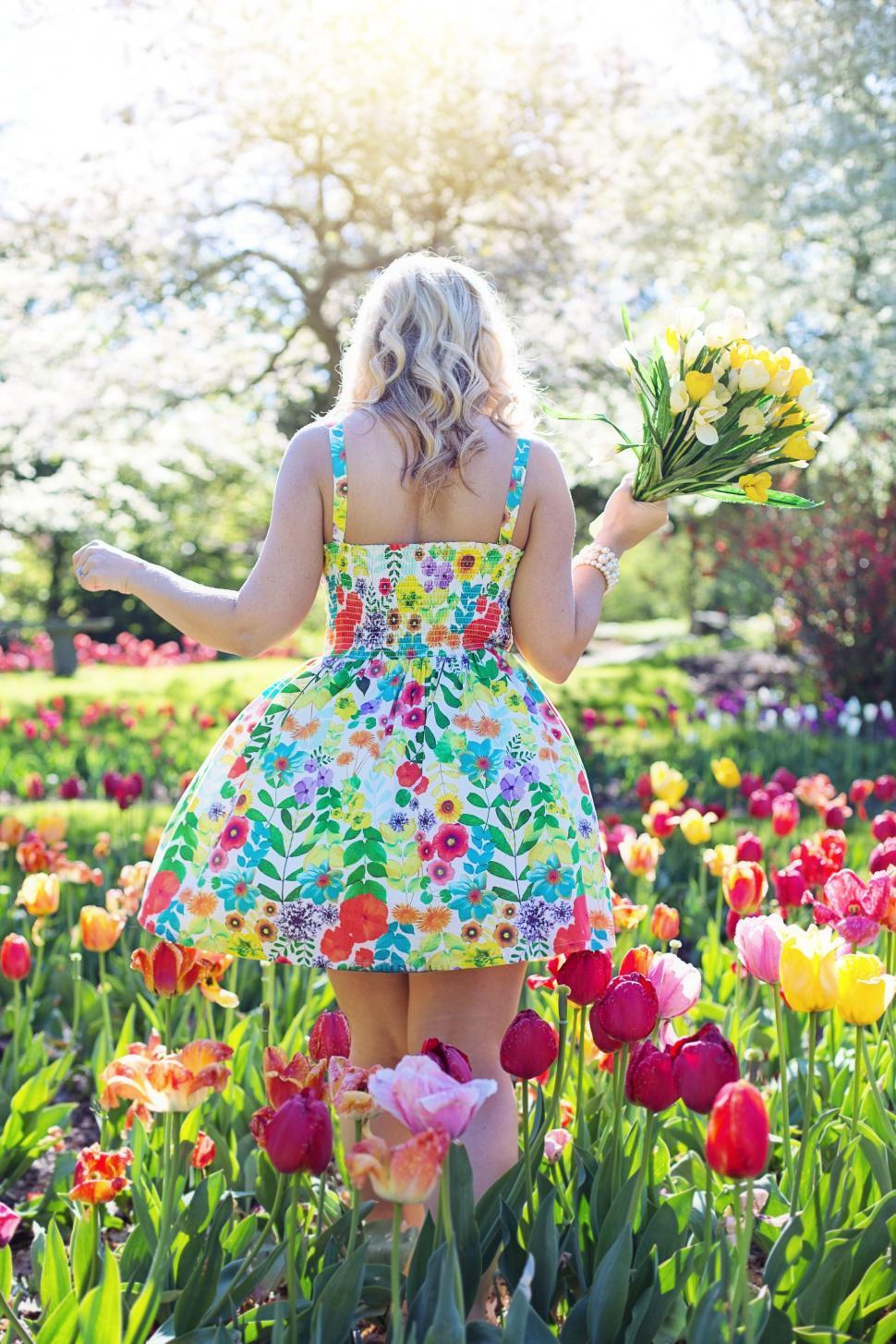 Free Stock Photo of Back View of Woman in floral print dress in